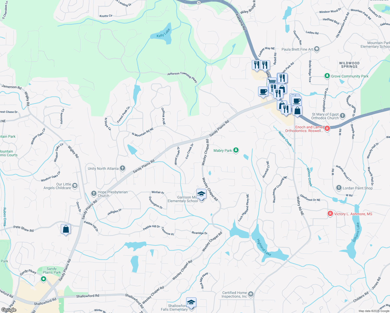 map of restaurants, bars, coffee shops, grocery stores, and more near 3820 Fox Creek Court in Marietta