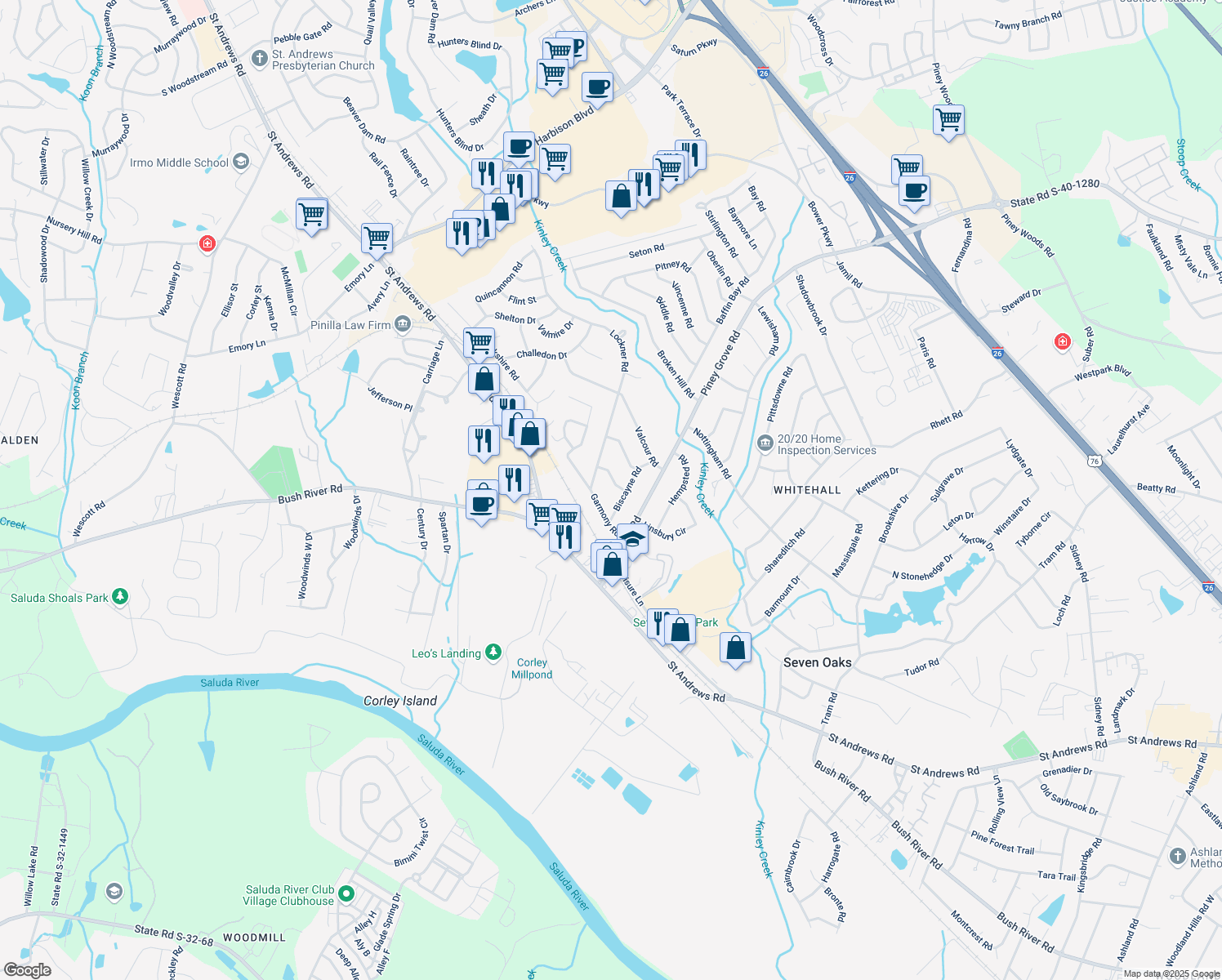map of restaurants, bars, coffee shops, grocery stores, and more near 211 Ardmount Road in Columbia
