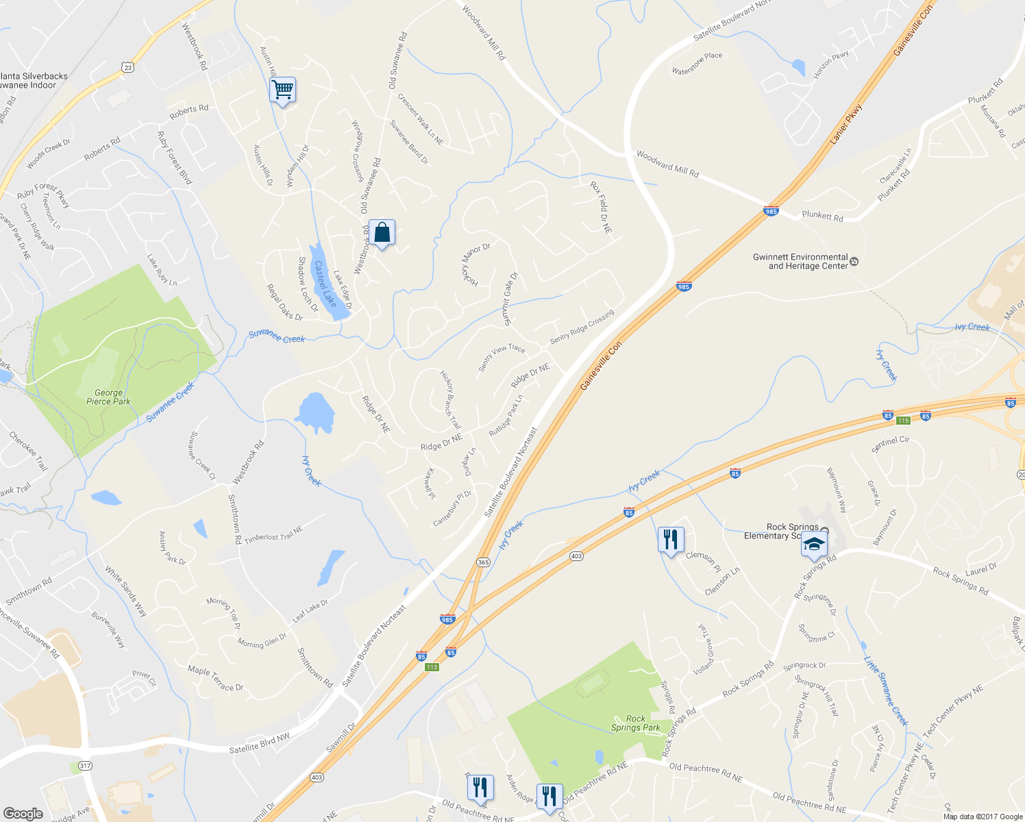 map of restaurants, bars, coffee shops, grocery stores, and more near 299 Rutlidge Park Lane in Suwanee