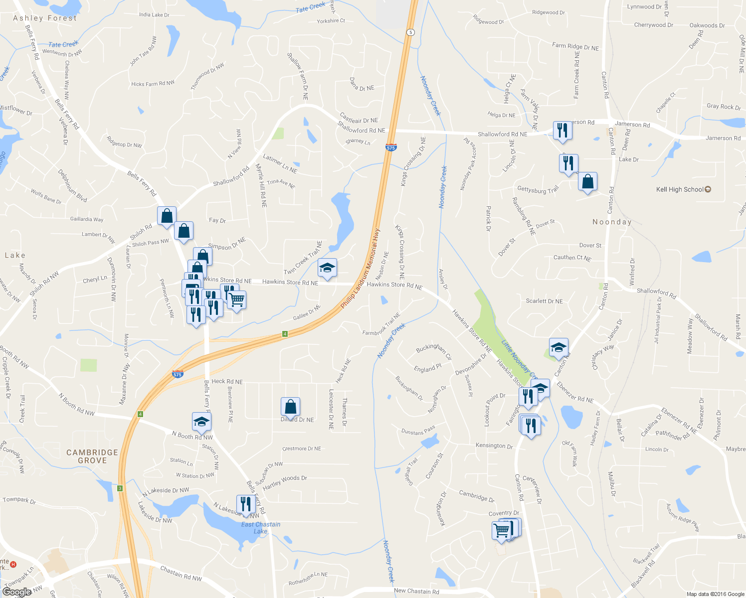map of restaurants, bars, coffee shops, grocery stores, and more near 4218 Newpond Trail in Kennesaw