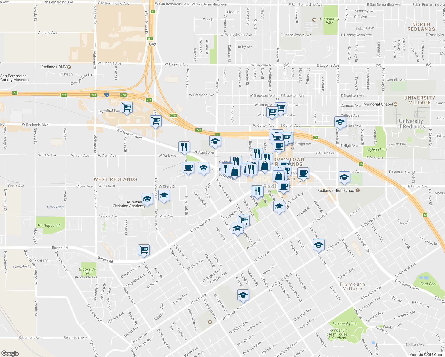map of restaurants, bars, coffee shops, grocery stores, and more near 76 San Gorgonio Drive in Redlands