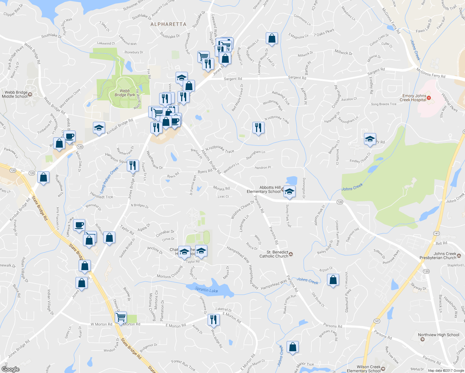 map of restaurants, bars, coffee shops, grocery stores, and more near 6320 Murets Road in Alpharetta