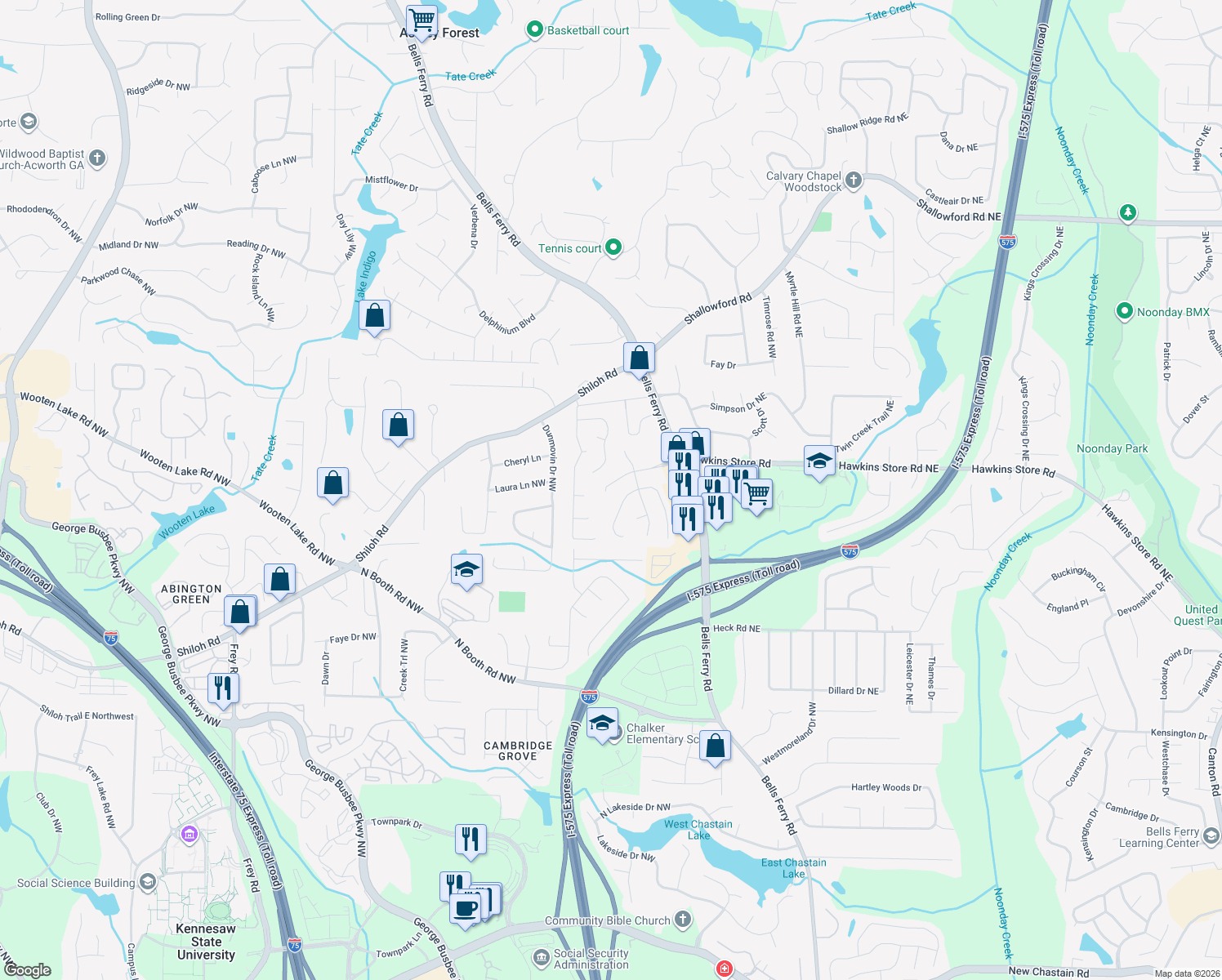 map of restaurants, bars, coffee shops, grocery stores, and more near 335 Bramford Way NW in Kennesaw