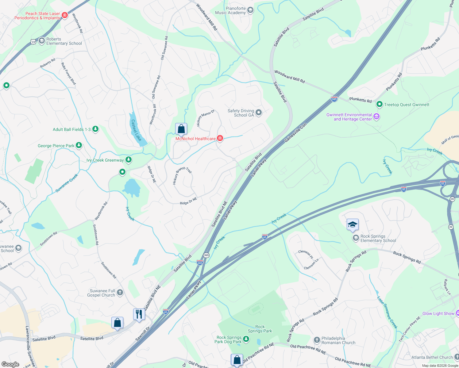 map of restaurants, bars, coffee shops, grocery stores, and more near 3453 Bryana Ridge Court in Suwanee