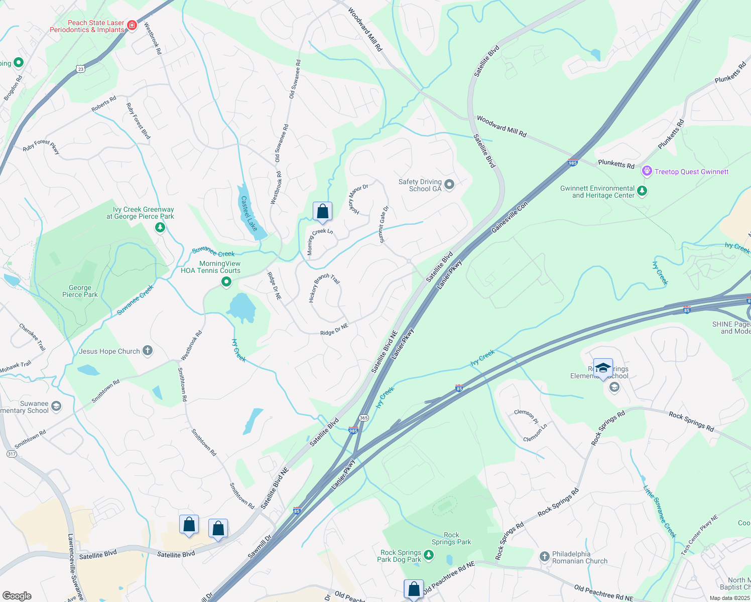 map of restaurants, bars, coffee shops, grocery stores, and more near 535 Sentry Ridge Crossing in Suwanee