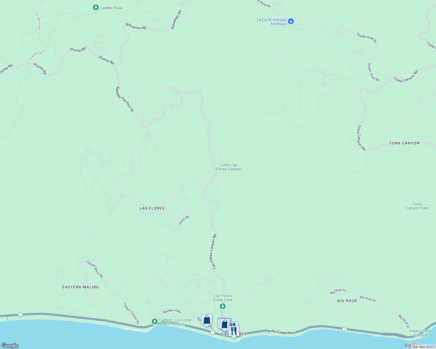 map of restaurants, bars, coffee shops, grocery stores, and more near 3000 Las Flores Canyon Road in Malibu