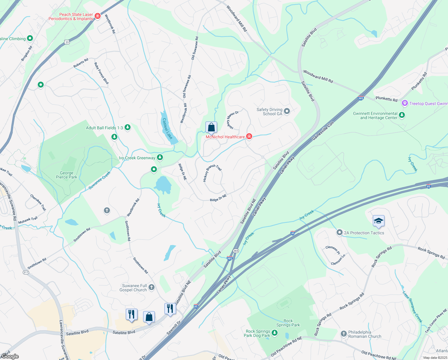 map of restaurants, bars, coffee shops, grocery stores, and more near 3565 Hickory Branch Trail in Suwanee