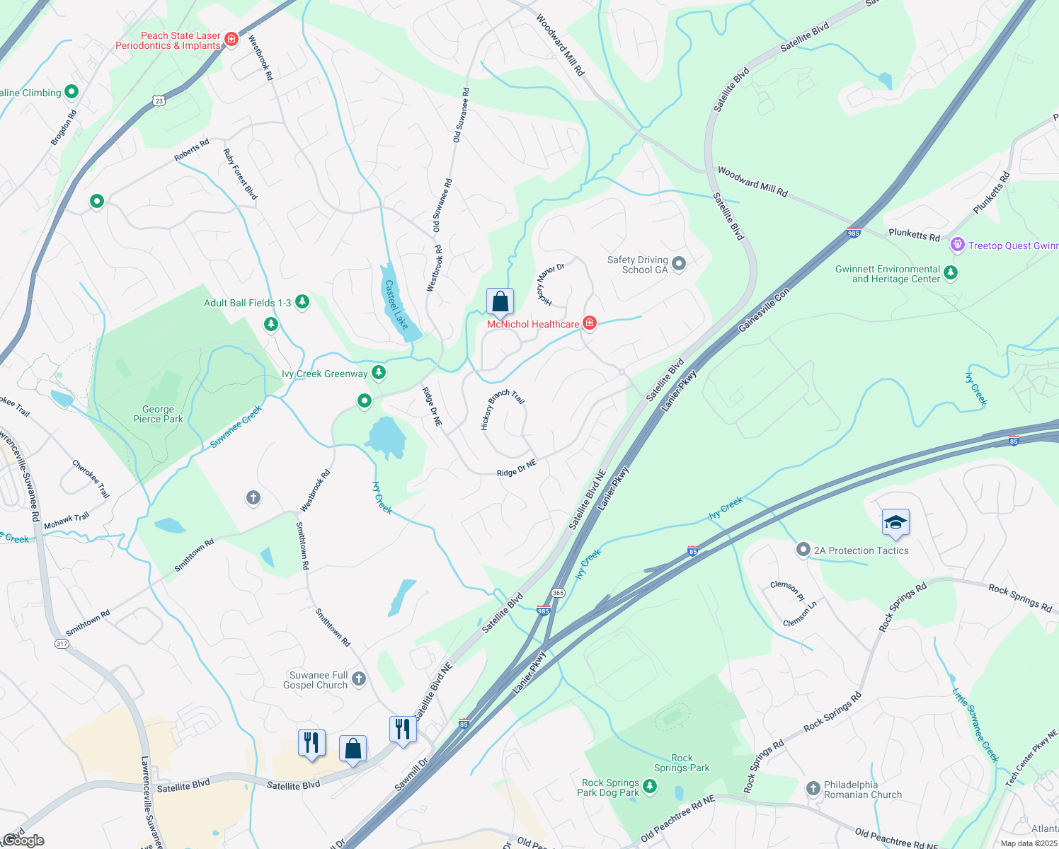 map of restaurants, bars, coffee shops, grocery stores, and more near 3565 Hickory Branch Trail in Suwanee