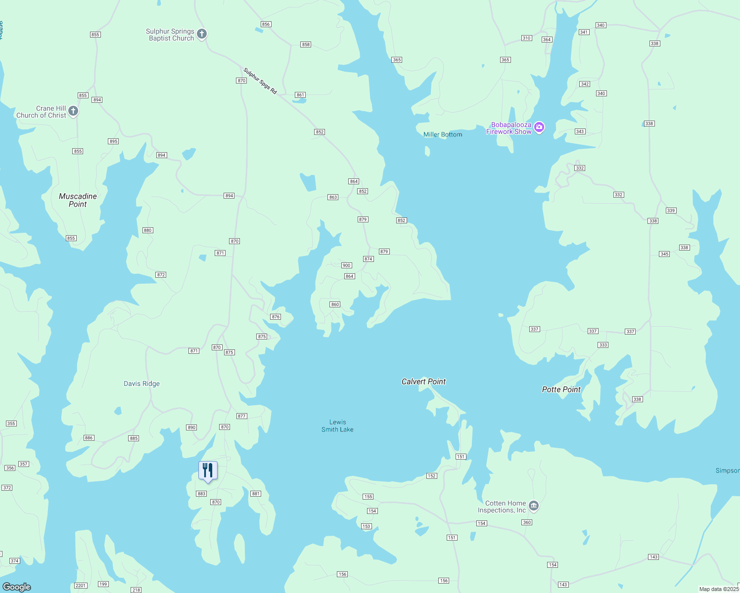 map of restaurants, bars, coffee shops, grocery stores, and more near 16 County Road 874 in Crane Hill