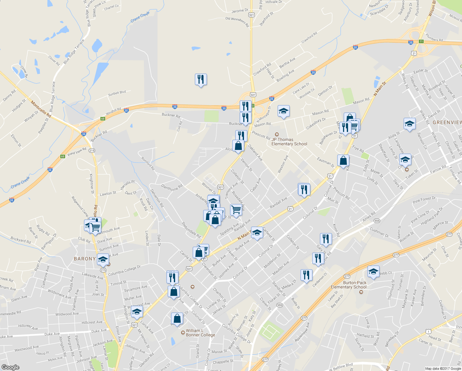 map of restaurants, bars, coffee shops, grocery stores, and more near 5403 Tremont Avenue in Columbia