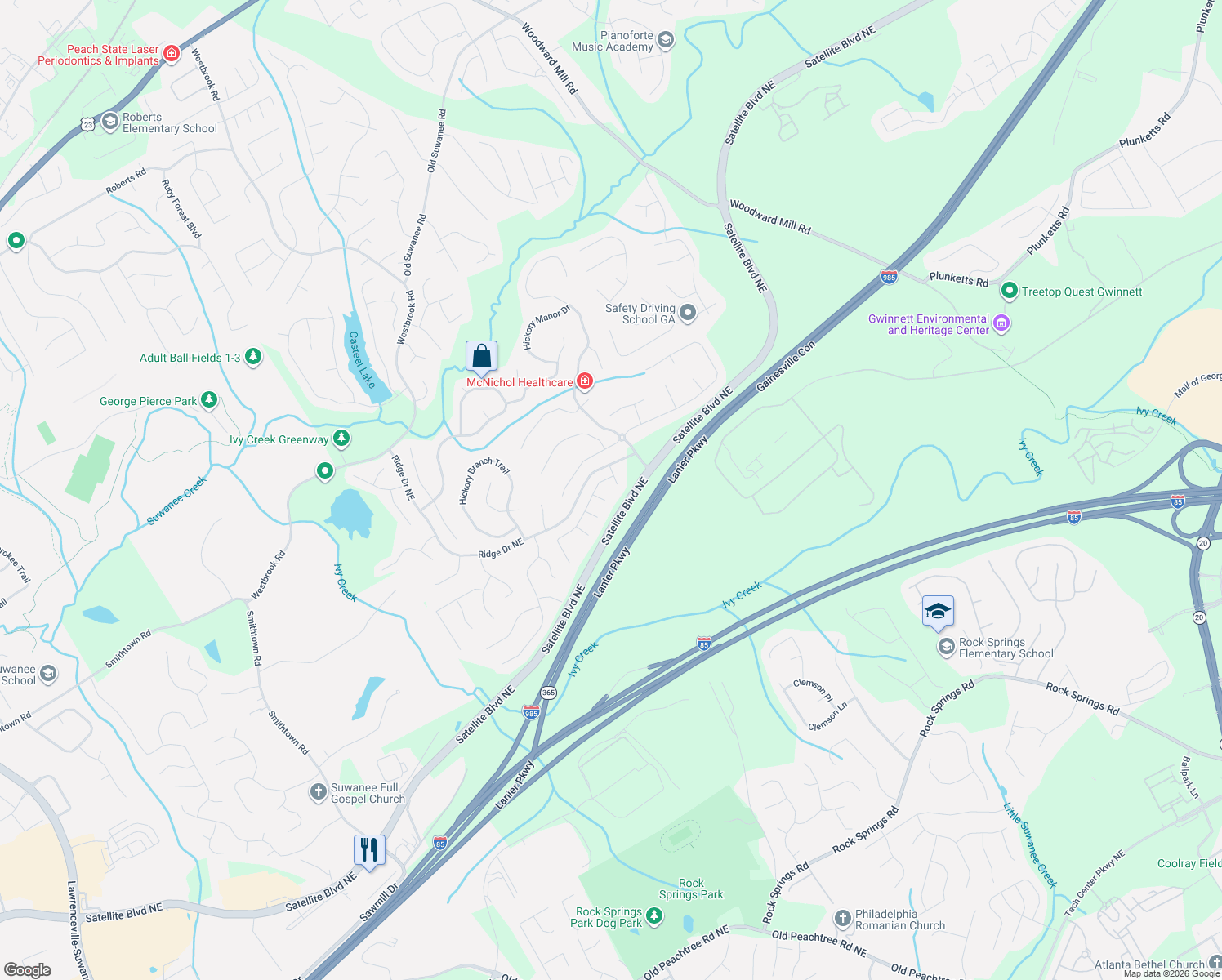 map of restaurants, bars, coffee shops, grocery stores, and more near 3450 Augusta Ridge Court in Suwanee