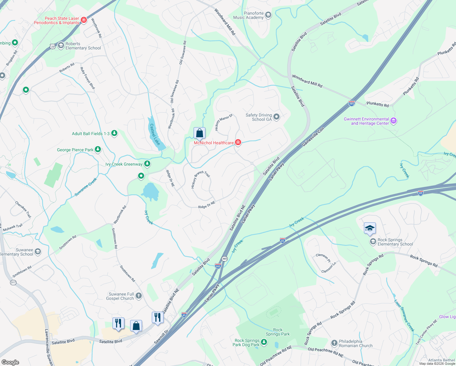 map of restaurants, bars, coffee shops, grocery stores, and more near 540 Sentry Ridge Crossing in Suwanee