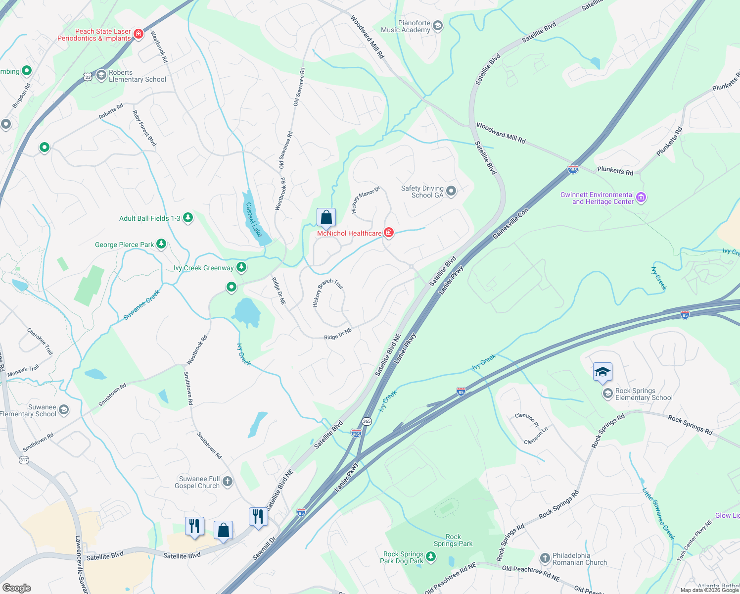 map of restaurants, bars, coffee shops, grocery stores, and more near 540 Sentry Ridge Crossing in Suwanee