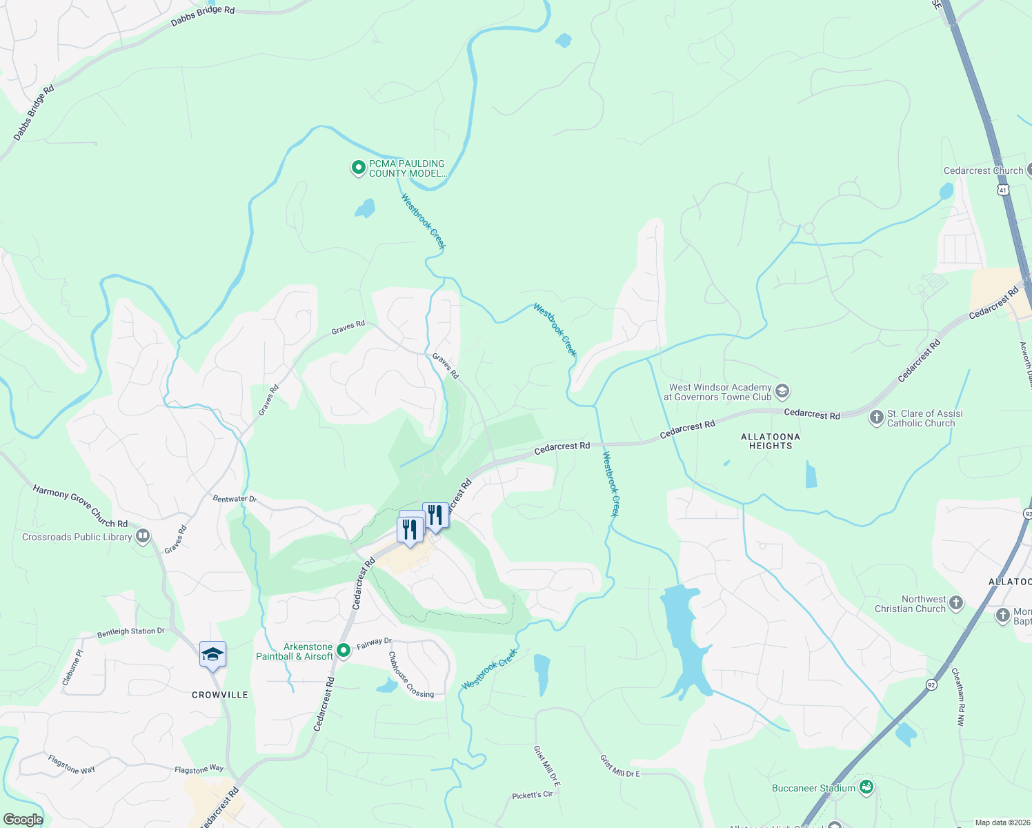 map of restaurants, bars, coffee shops, grocery stores, and more near 112 Brisbane Drive in Acworth