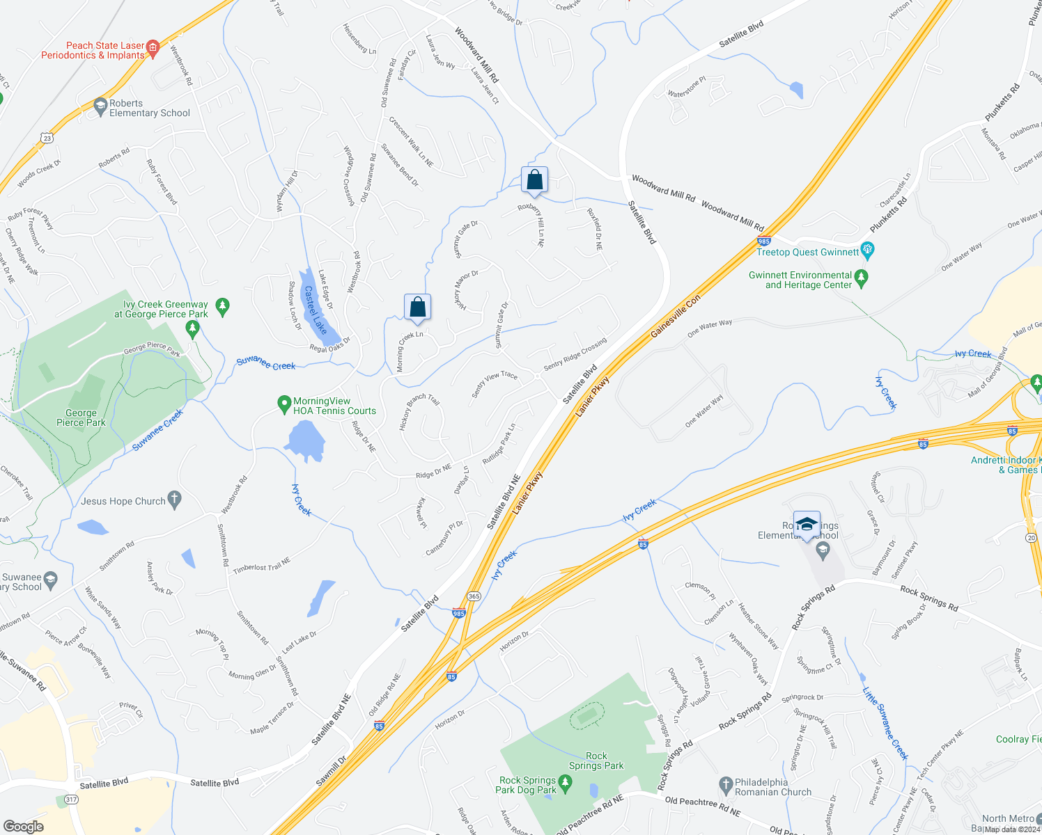 map of restaurants, bars, coffee shops, grocery stores, and more near 479 Rutlidge Park Lane in Suwanee