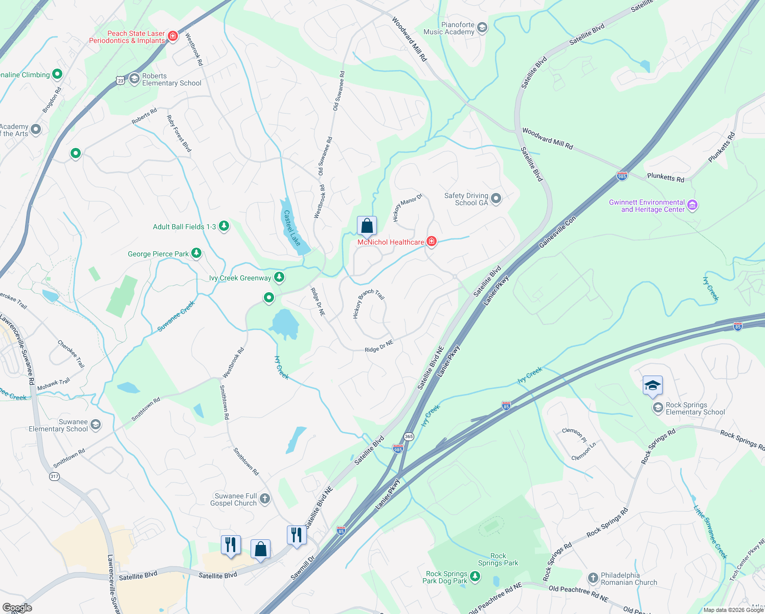 map of restaurants, bars, coffee shops, grocery stores, and more near 3580 Hickory Branch Trail in Suwanee
