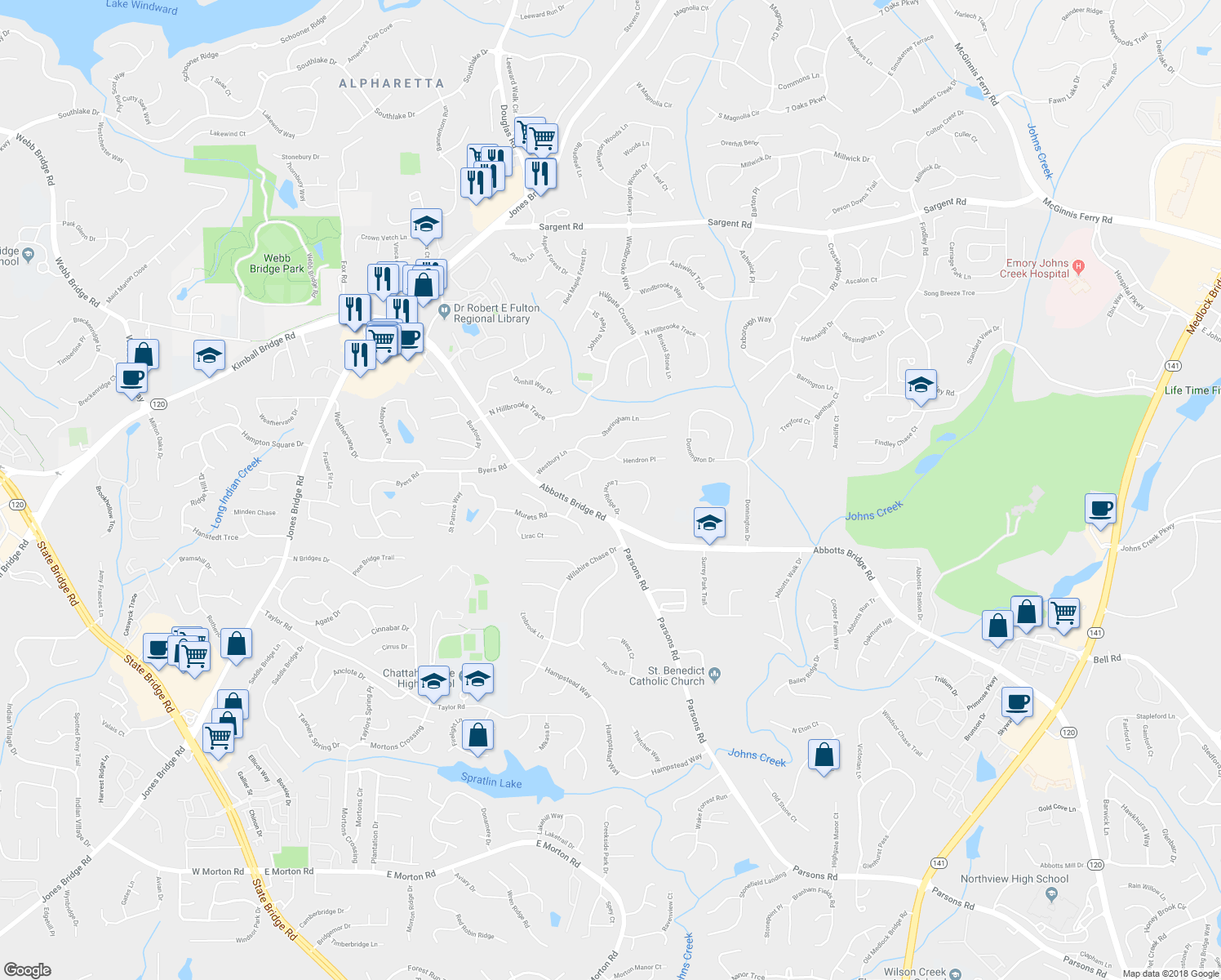 map of restaurants, bars, coffee shops, grocery stores, and more near 5453 Laurel Ridge Drive in Alpharetta