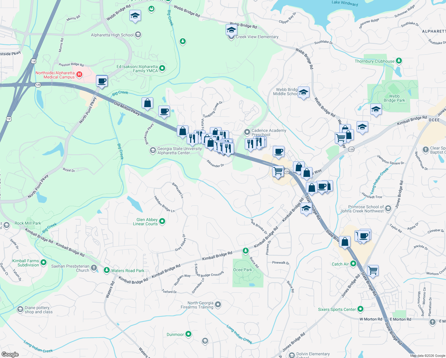 map of restaurants, bars, coffee shops, grocery stores, and more near 2030 Brooke Forest Ct in Alpharetta
