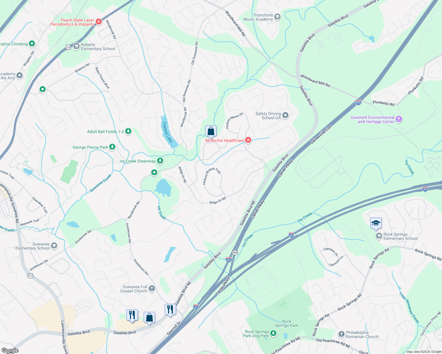 map of restaurants, bars, coffee shops, grocery stores, and more near 3580 Hickory Branch Trail in Suwanee