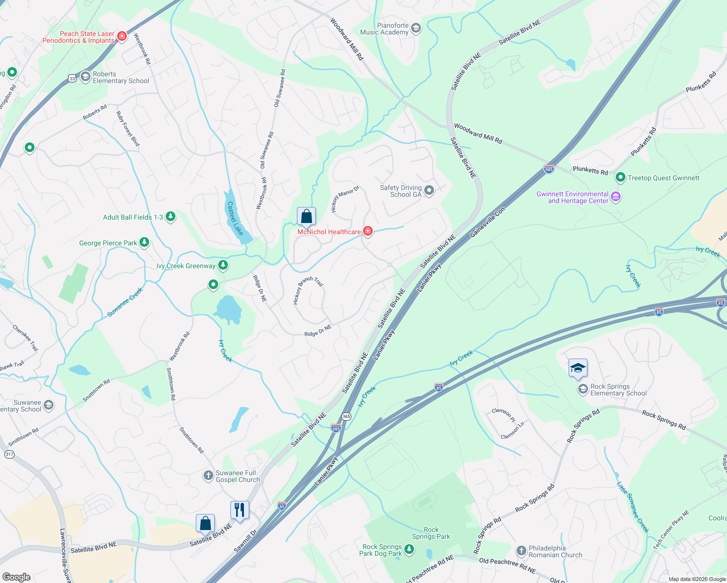 map of restaurants, bars, coffee shops, grocery stores, and more near 565 Sentry Ridge Crossing in Suwanee