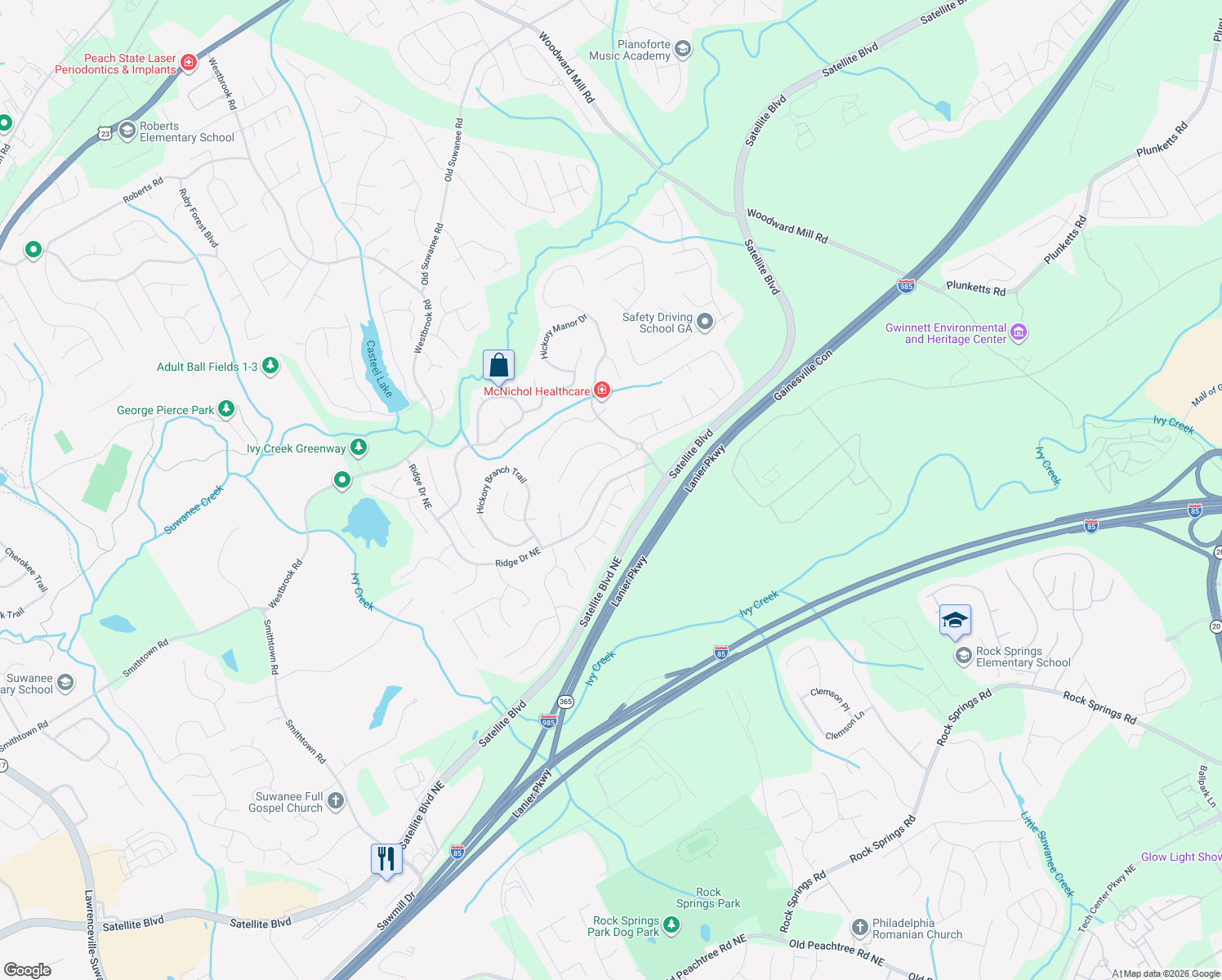 map of restaurants, bars, coffee shops, grocery stores, and more near 479 Rutlidge Park Lane in Suwanee