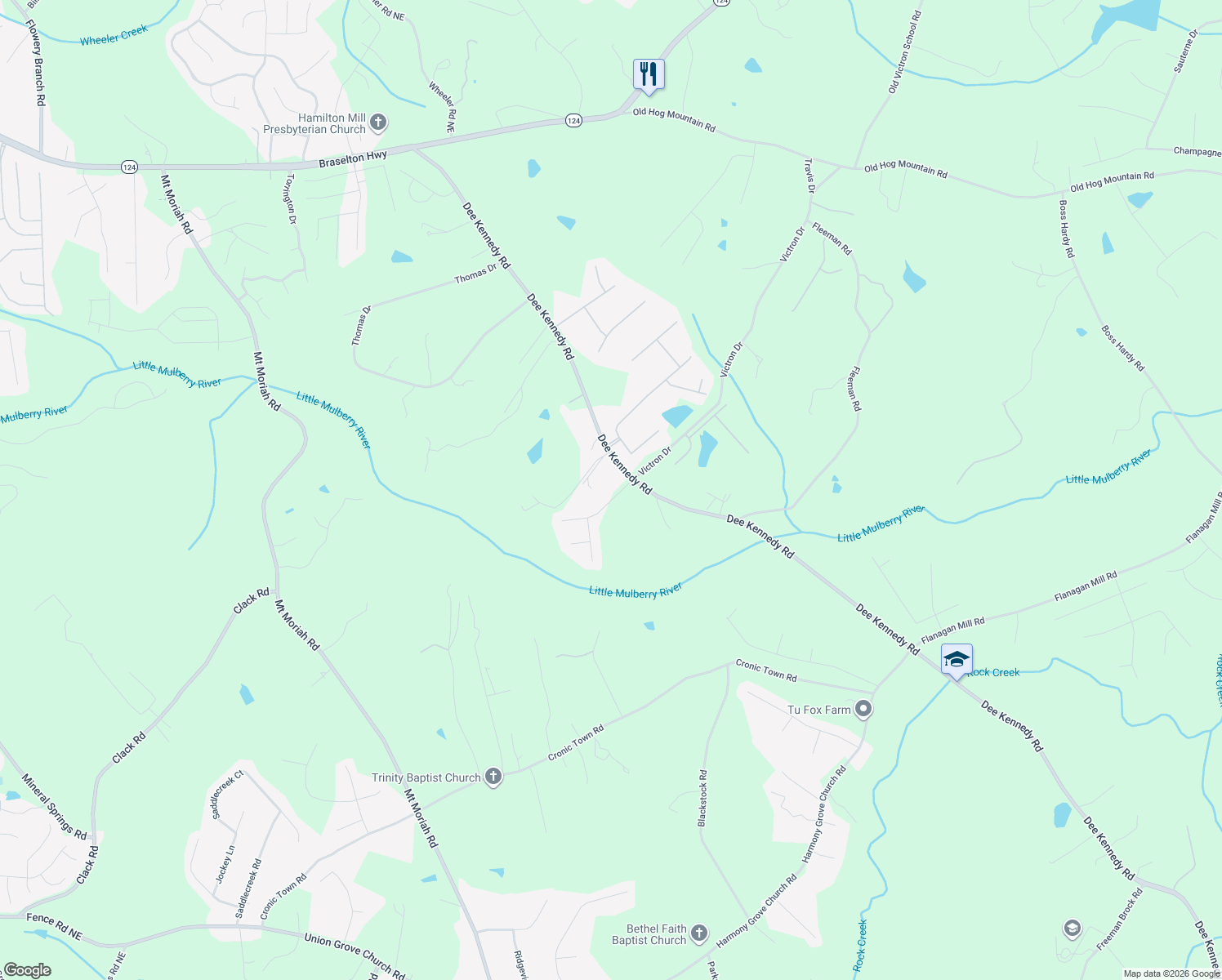 map of restaurants, bars, coffee shops, grocery stores, and more near 1005 Edgewater Lane in Hoschton