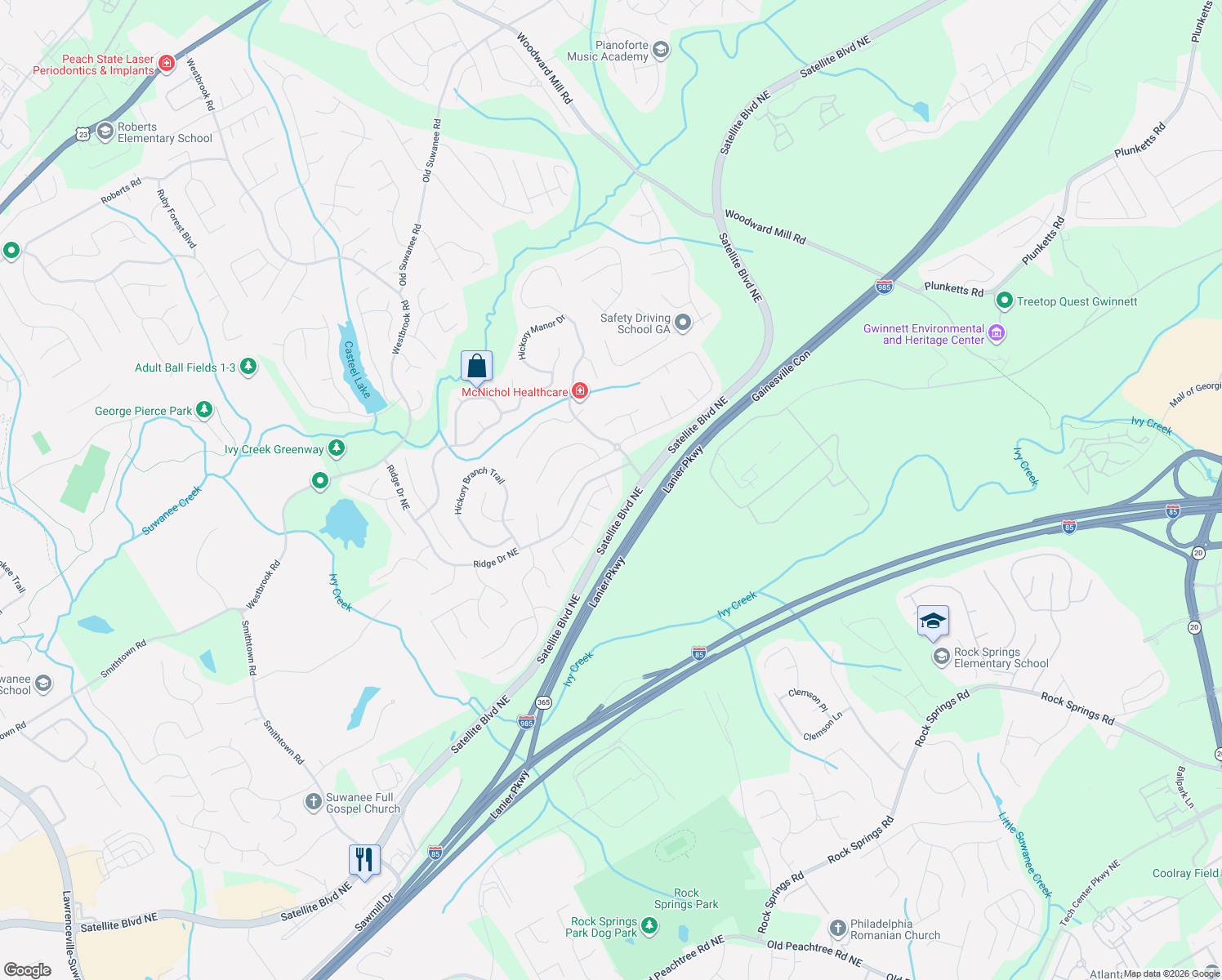 map of restaurants, bars, coffee shops, grocery stores, and more near 3450 Augusta Ridge Court in Suwanee