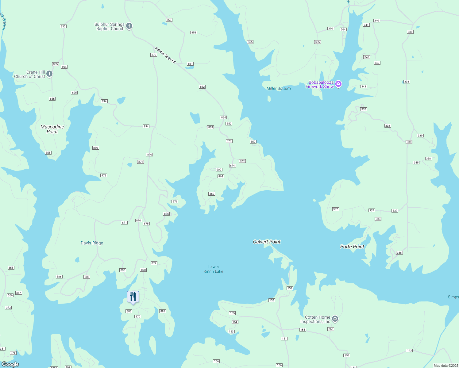 map of restaurants, bars, coffee shops, grocery stores, and more near 16 County Road 874 in Crane Hill