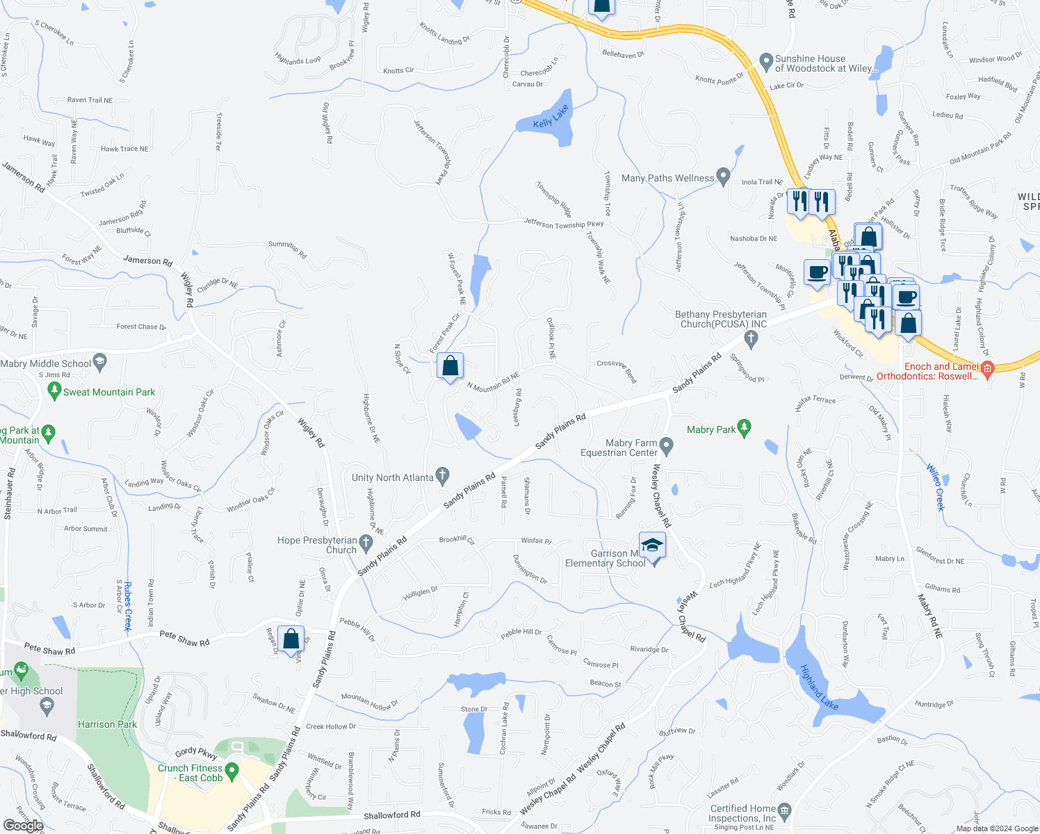 map of restaurants, bars, coffee shops, grocery stores, and more near 4462 Leesburg Road in Marietta