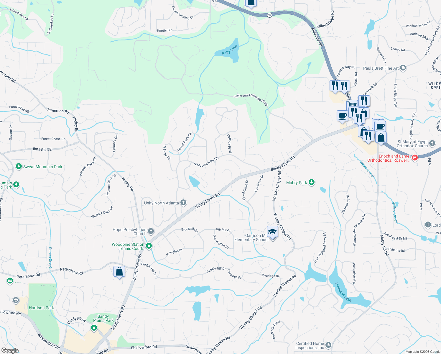 map of restaurants, bars, coffee shops, grocery stores, and more near 4462 Leesburg Road in Marietta