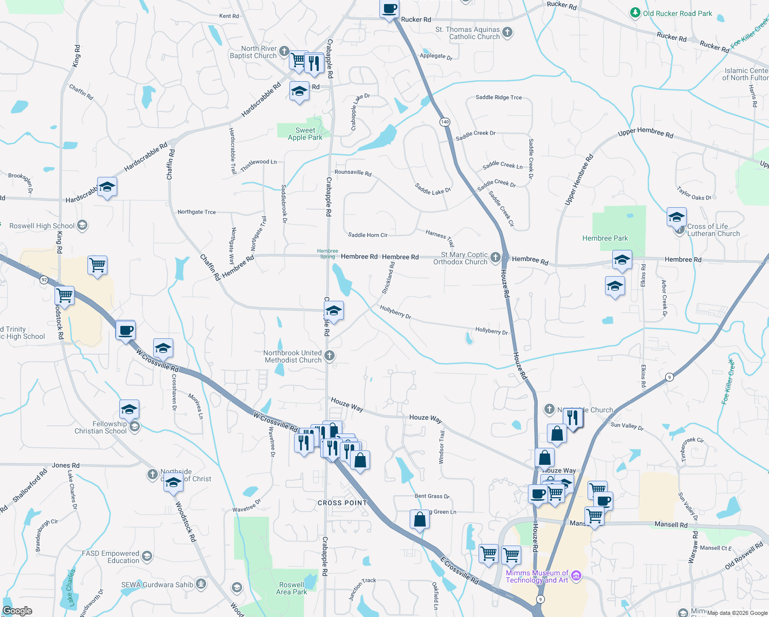map of restaurants, bars, coffee shops, grocery stores, and more near 230 Hollyberry Dr in Roswell