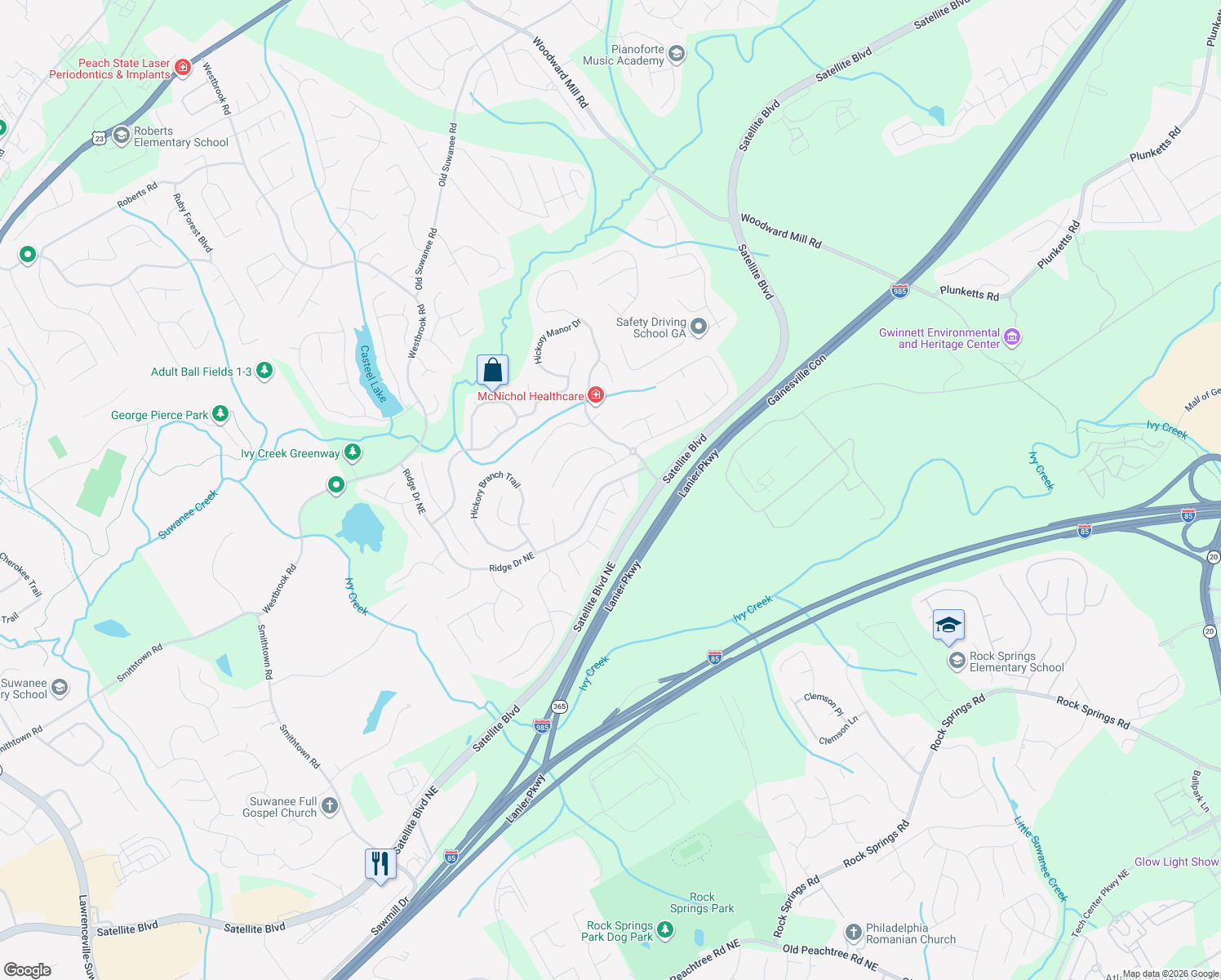 map of restaurants, bars, coffee shops, grocery stores, and more near 479 Rutlidge Park Lane in Suwanee