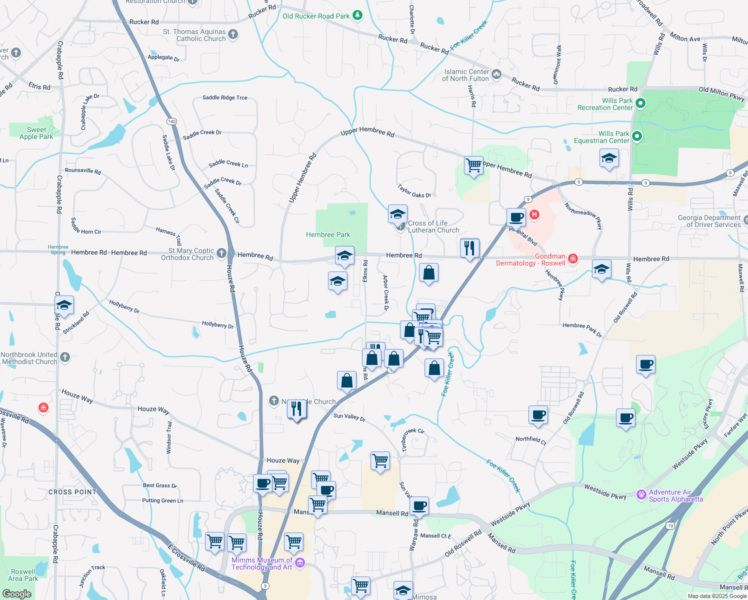 map of restaurants, bars, coffee shops, grocery stores, and more near 530 Arbor Creek Court in Roswell