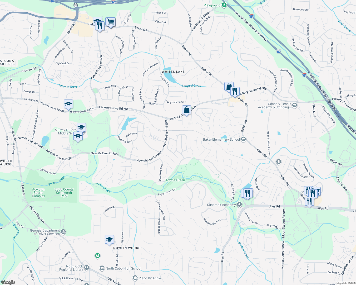 map of restaurants, bars, coffee shops, grocery stores, and more near 4246 Brighton Way Northwest in Kennesaw