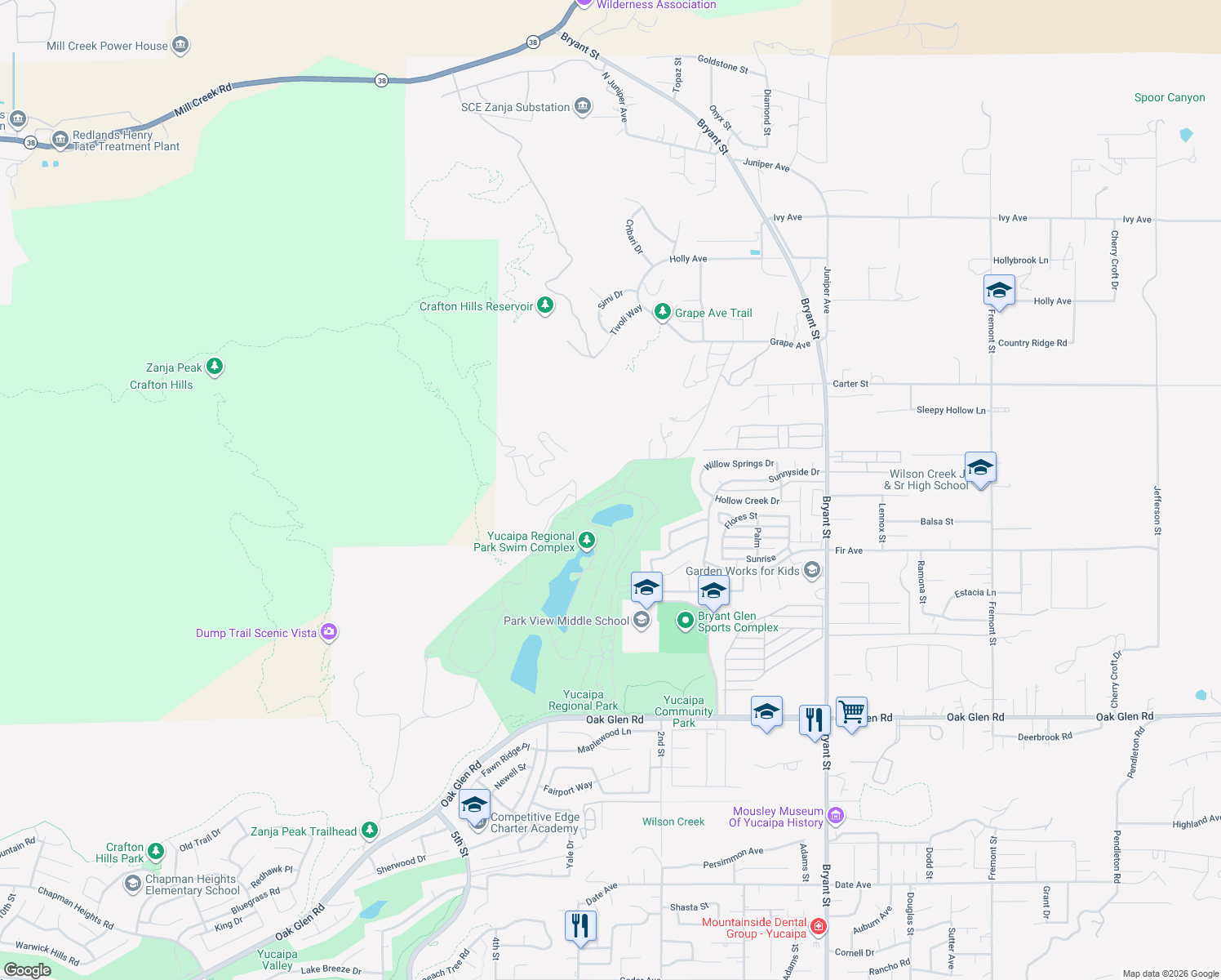 map of restaurants, bars, coffee shops, grocery stores, and more near 10700 Lakeview Road in Yucaipa