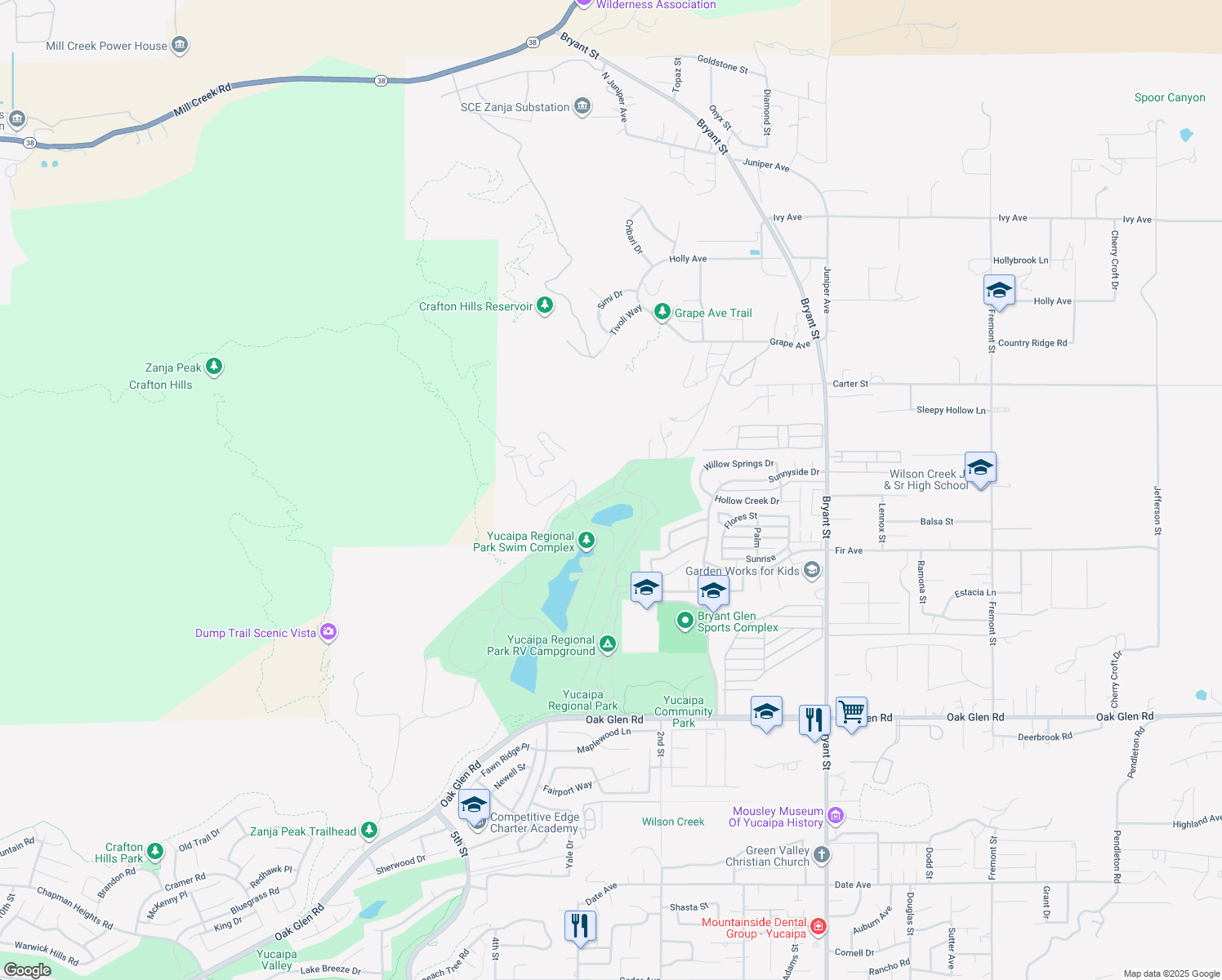 map of restaurants, bars, coffee shops, grocery stores, and more near 10684 Lakeview Road in Yucaipa