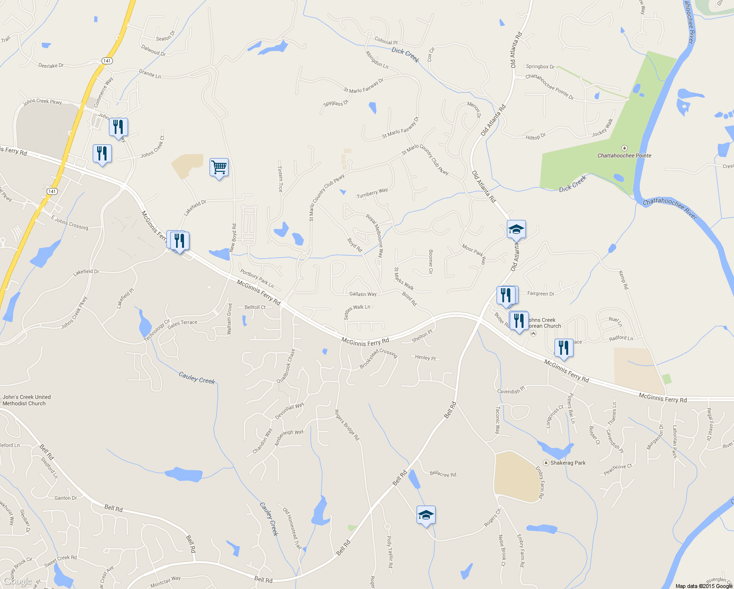 map of restaurants, bars, coffee shops, grocery stores, and more near 910 Gallatin Way in Suwanee
