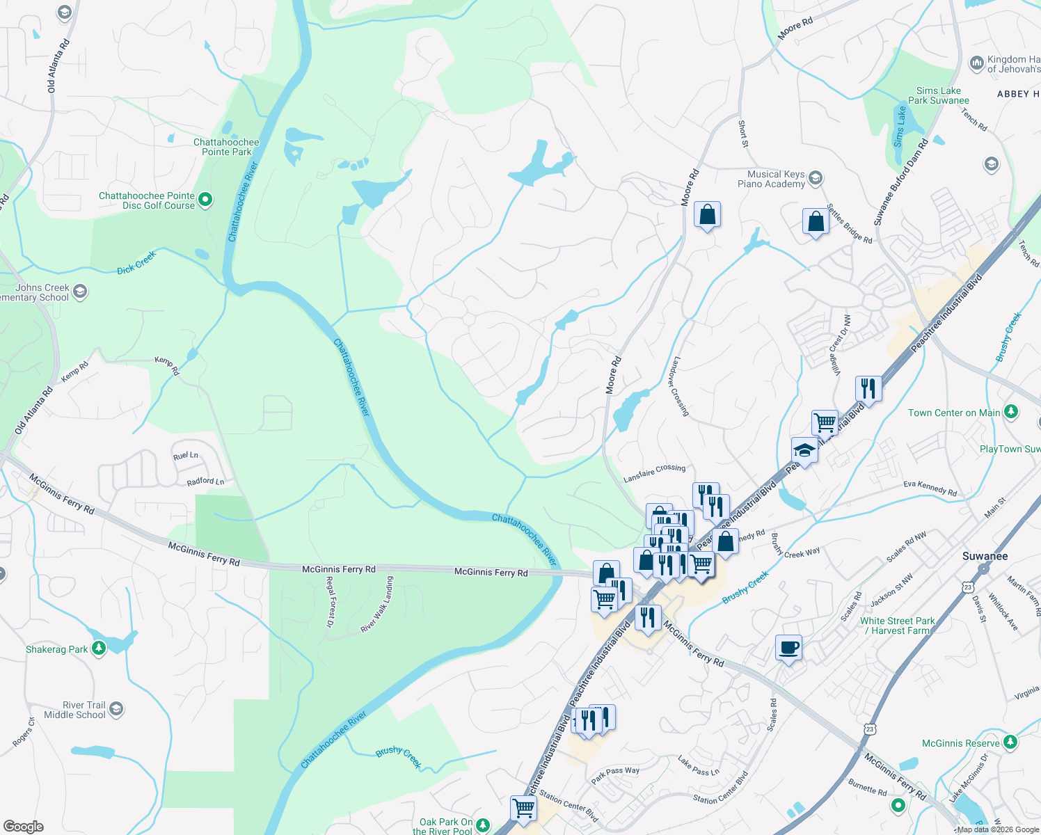 map of restaurants, bars, coffee shops, grocery stores, and more near 1110 Allen Lake Lane in Suwanee