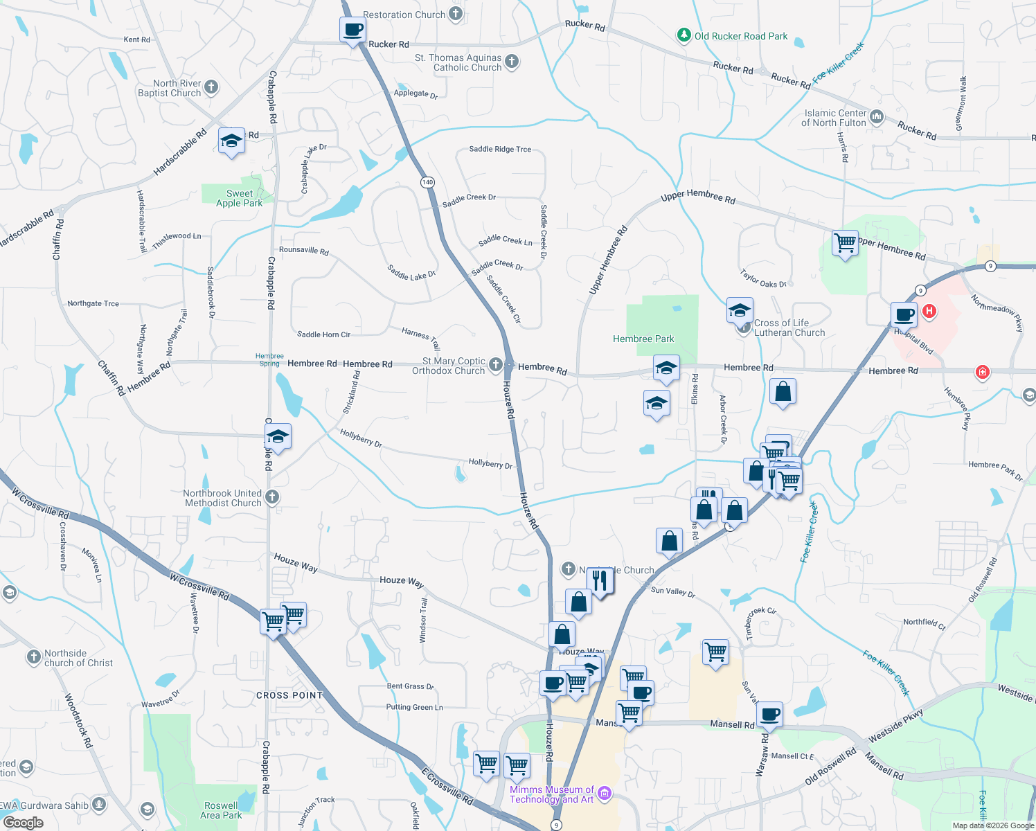 map of restaurants, bars, coffee shops, grocery stores, and more near 125 Ashwood Dr in Roswell