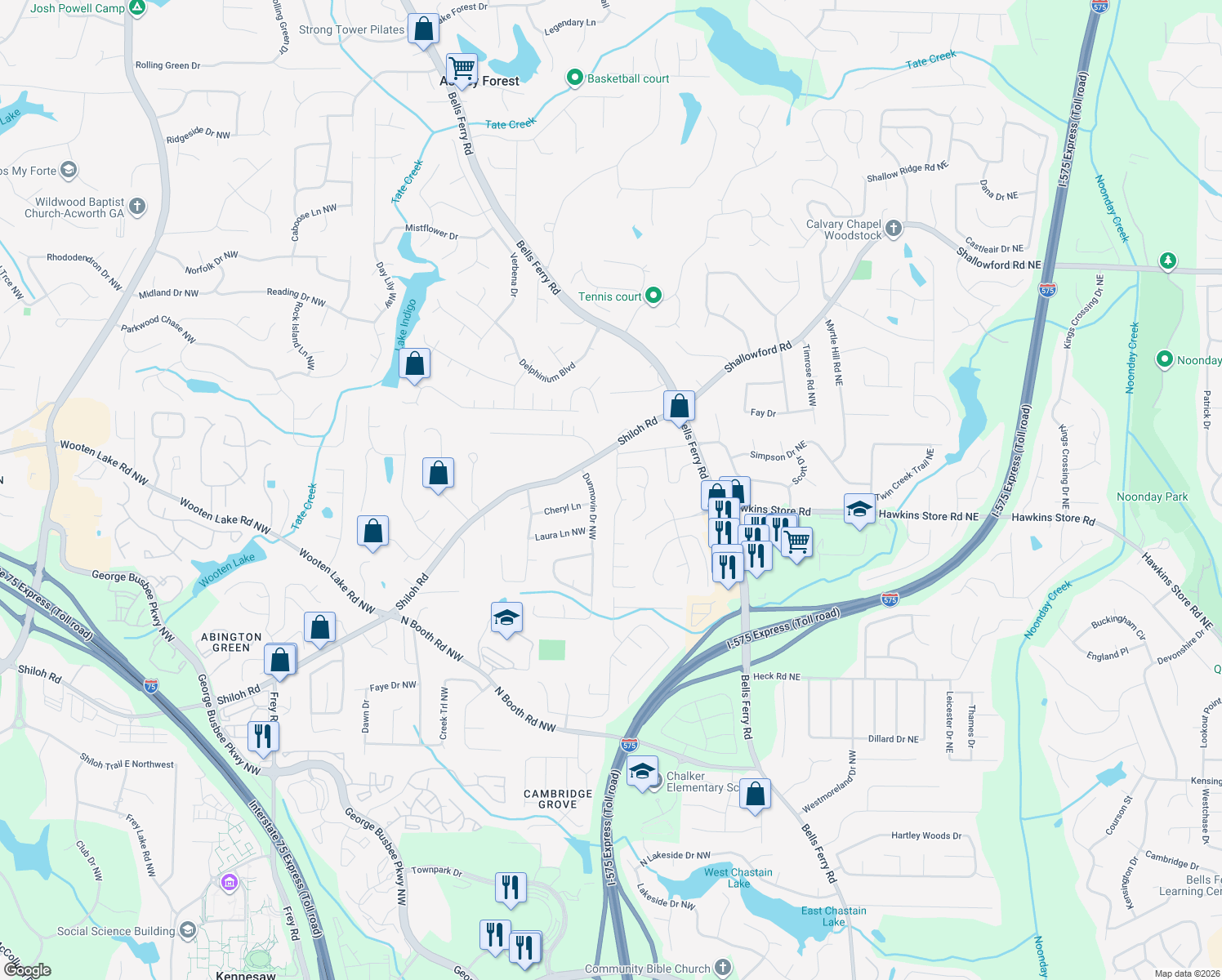 map of restaurants, bars, coffee shops, grocery stores, and more near 4387 Laurian Dr NW in Kennesaw