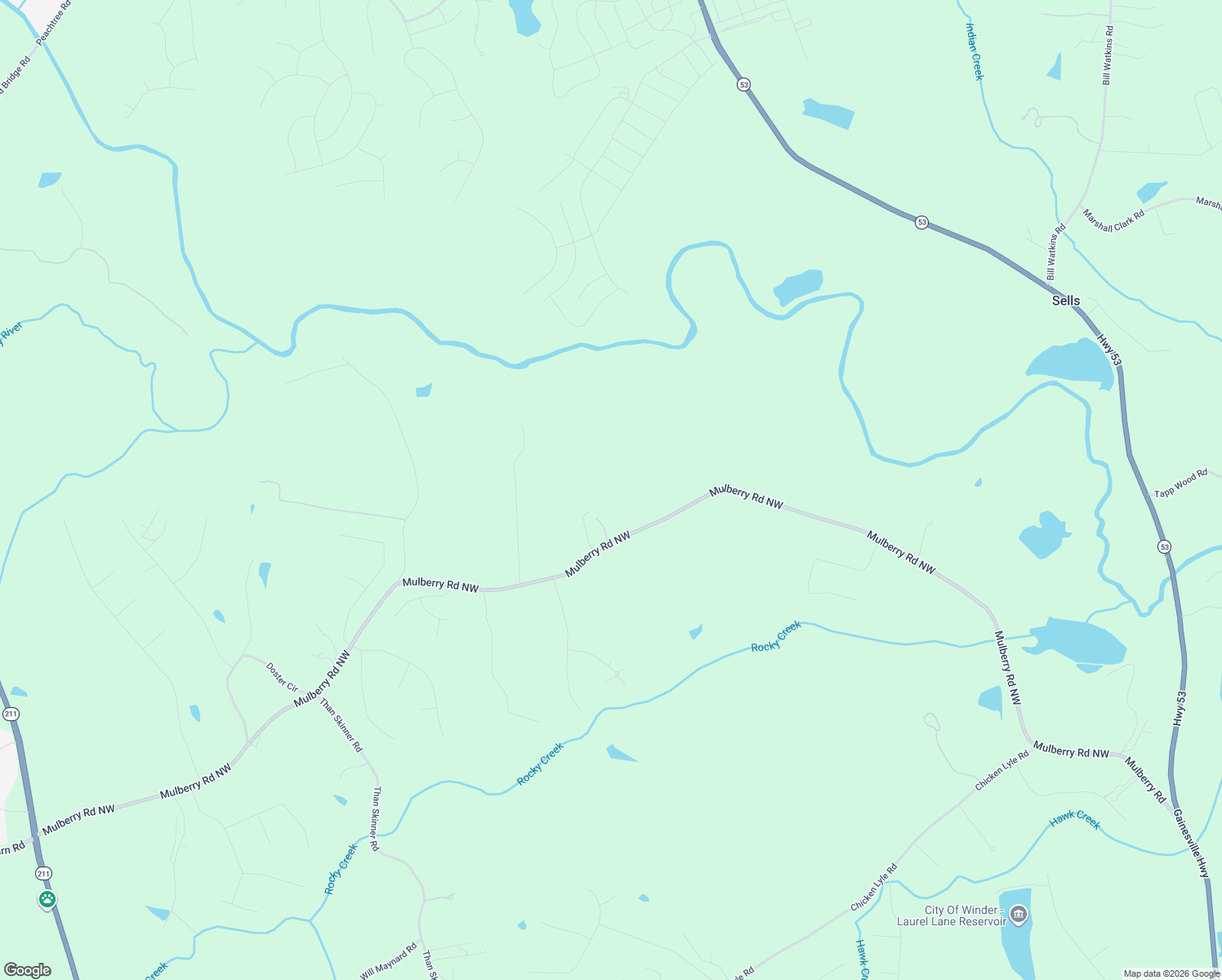 map of restaurants, bars, coffee shops, grocery stores, and more near 469 Mulberry Road in Winder