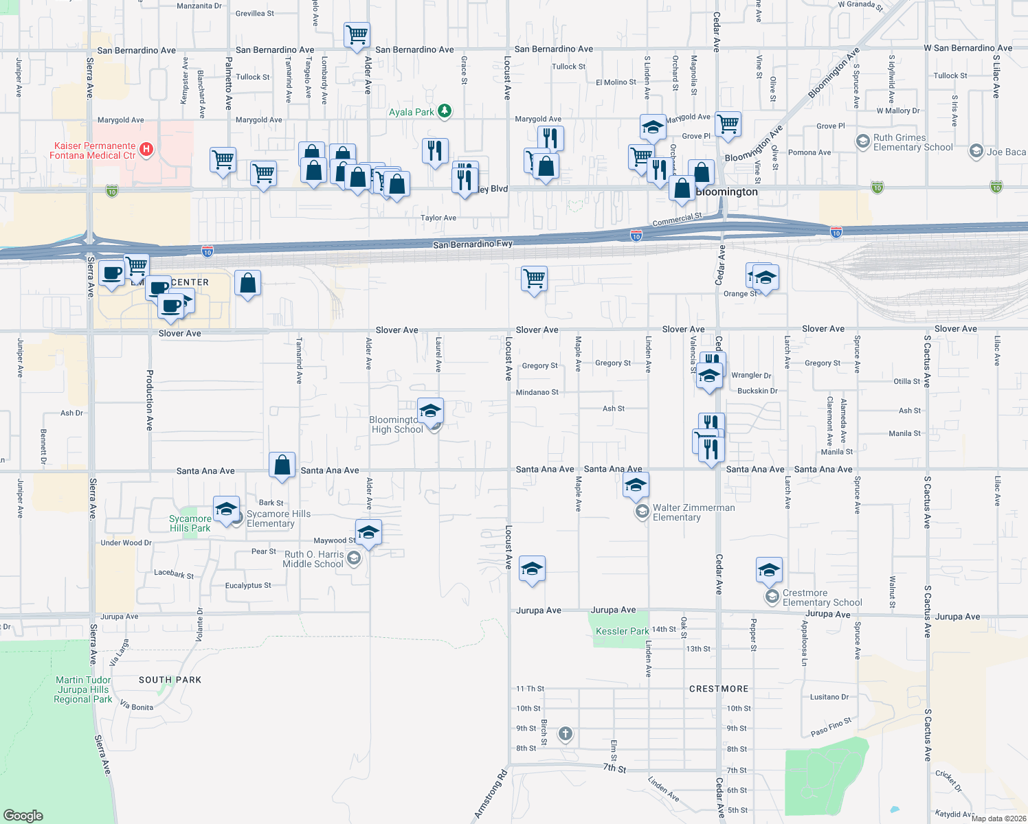 map of restaurants, bars, coffee shops, grocery stores, and more near 18109 Ash Street in Bloomington
