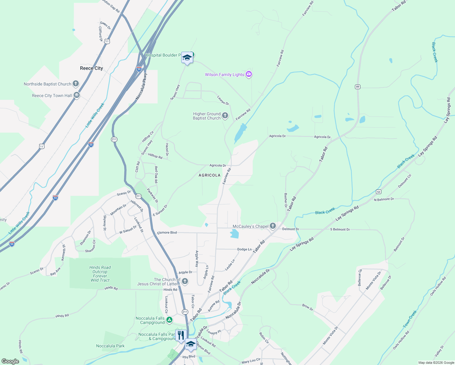 map of restaurants, bars, coffee shops, grocery stores, and more near 2519 Fairview Rd in Gadsden
