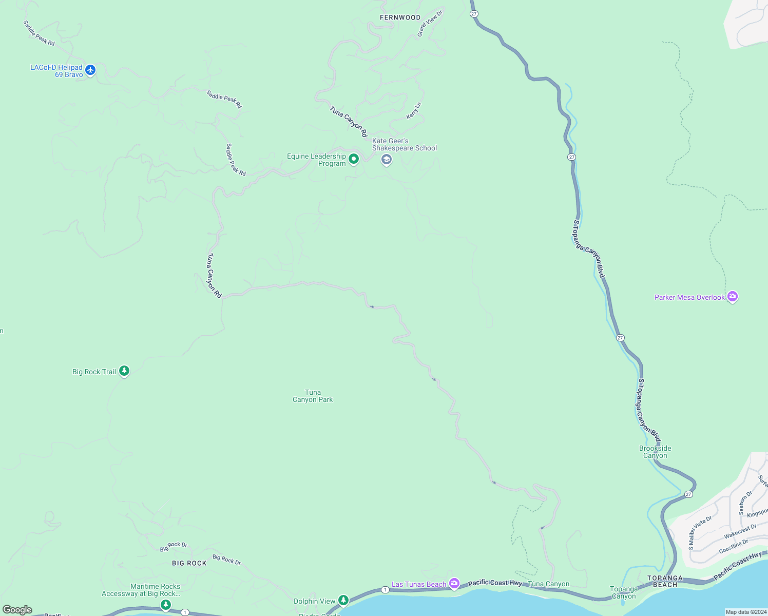 map of restaurants, bars, coffee shops, grocery stores, and more near Tuna Canyon Road in Topanga