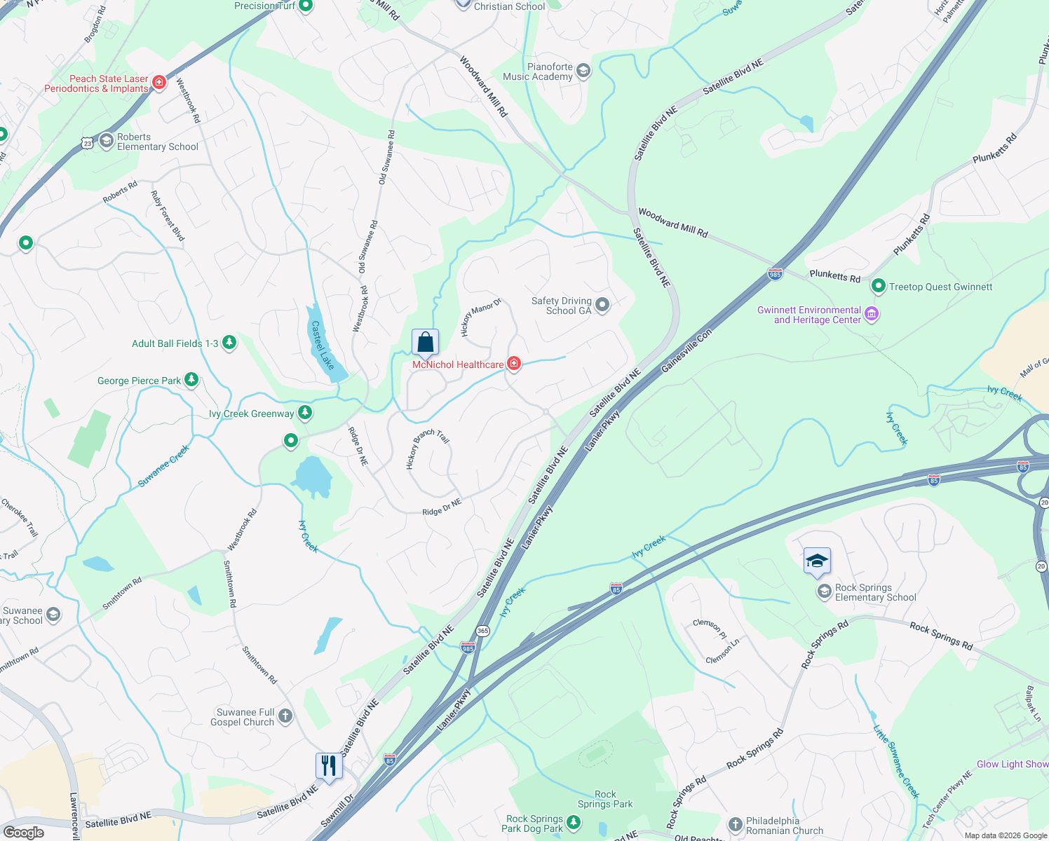 map of restaurants, bars, coffee shops, grocery stores, and more near 3510 Sentry View Trace in Suwanee