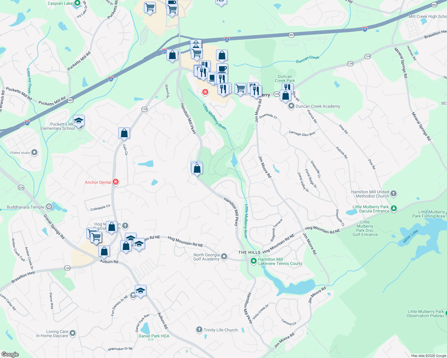 map of restaurants, bars, coffee shops, grocery stores, and more near 2890 Millwater Crossing Northeast in Dacula