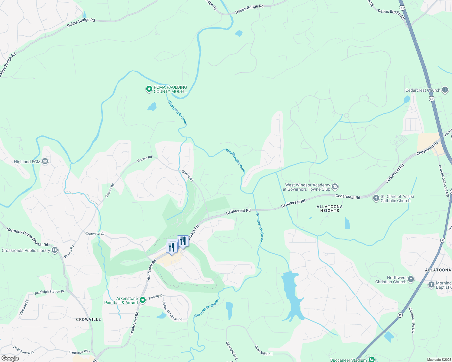 map of restaurants, bars, coffee shops, grocery stores, and more near 15 Pullman Trail in Acworth