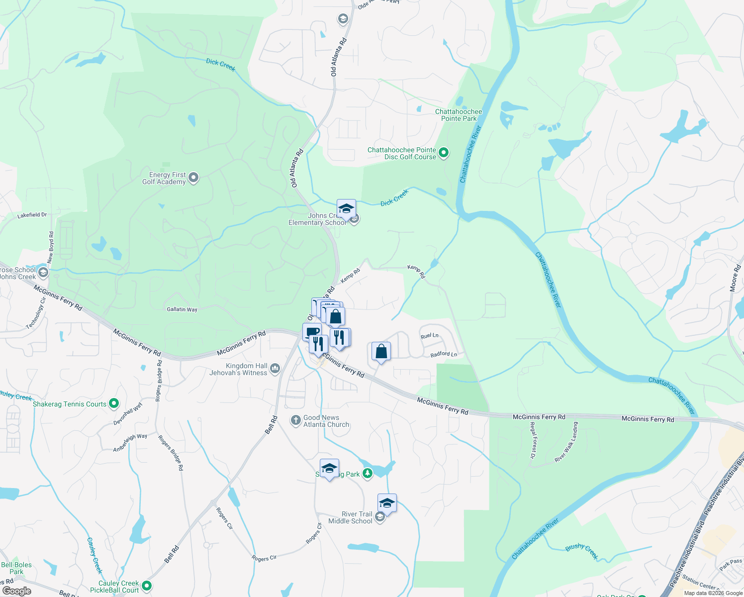 map of restaurants, bars, coffee shops, grocery stores, and more near 6630 Eagle Point in Suwanee