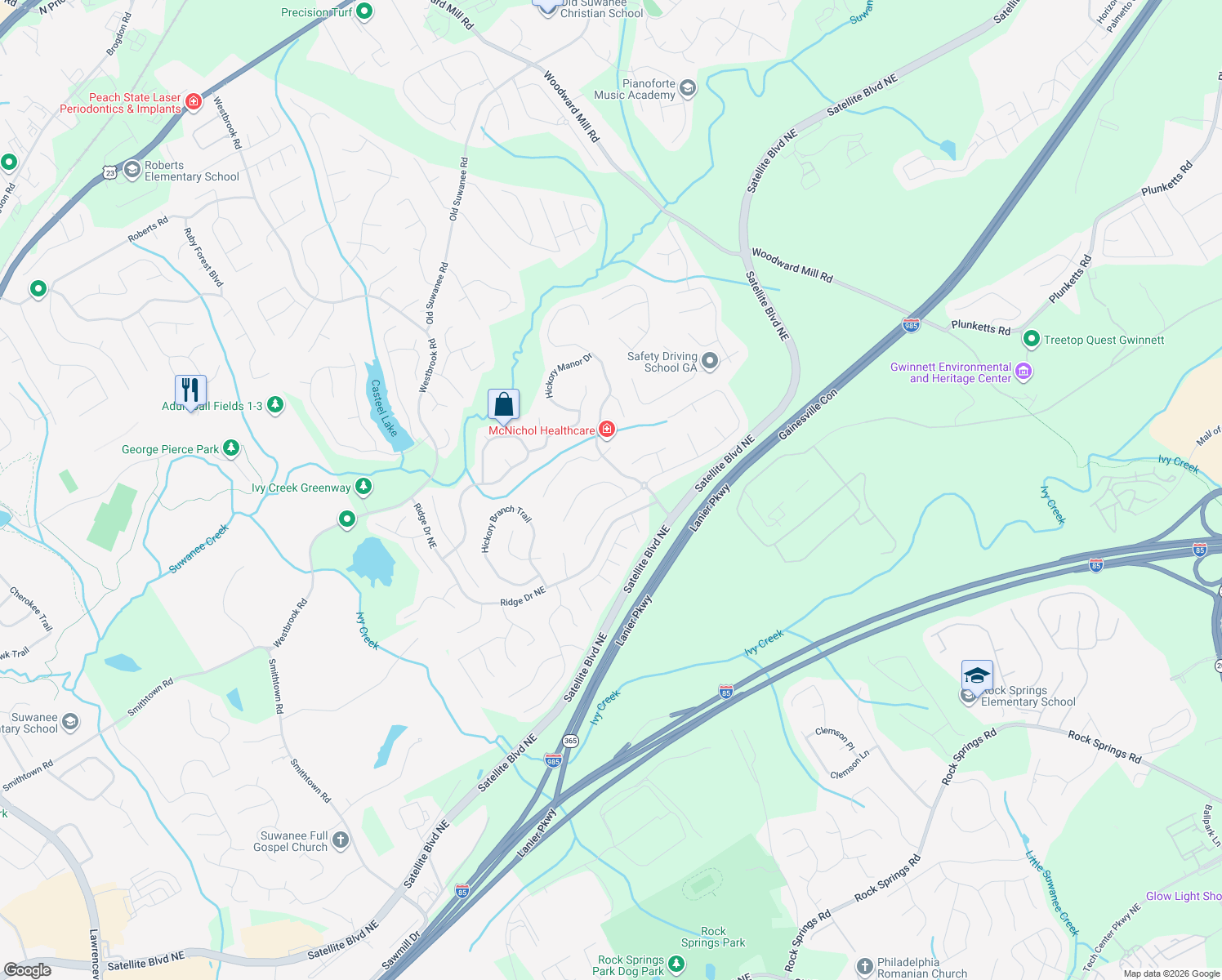 map of restaurants, bars, coffee shops, grocery stores, and more near 3510 Sentry View Trace in Suwanee