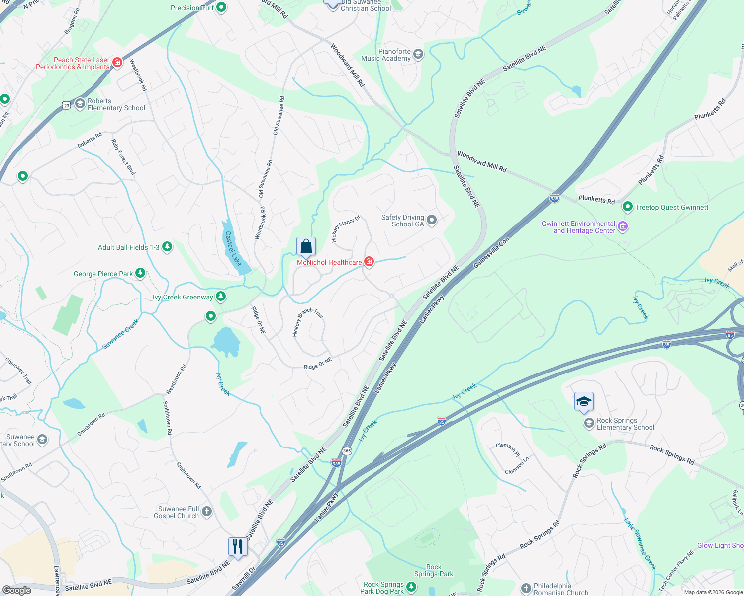 map of restaurants, bars, coffee shops, grocery stores, and more near 3510 Sentry View Trace in Suwanee